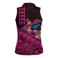 Hawaiian Abstract Sea Turtle Women Sleeveless Polo Shirt Polynesian Tapa Art and Kakau Tattoo Pink WaterColor - Polynesian Pride