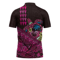 Hawaiian Abstract Sea Turtle Zipper Polo Shirt Polynesian Tapa Art and Kakau Tattoo Pink WaterColor - Polynesian Pride