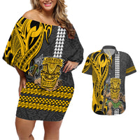 Hawaii Island Couples Matching Off Shoulder Short Dress and Hawaiian Shirt Hawaiian Warrior and Kakau Symbols Abstract Tattoo LT03 Yellow - Polynesian Pride