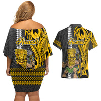 Hawaii Island Couples Matching Off Shoulder Short Dress and Hawaiian Shirt Hawaiian Warrior and Kakau Symbols Abstract Tattoo LT03 - Polynesian Pride