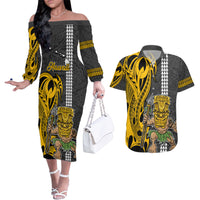Hawaii Island Couples Matching Off The Shoulder Long Sleeve Dress and Hawaiian Shirt Hawaiian Warrior and Kakau Symbols Abstract Tattoo LT03 Yellow - Polynesian Pride