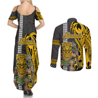 Hawaii Island Couples Matching Summer Maxi Dress and Long Sleeve Button Shirts Hawaiian Warrior and Kakau Symbols Abstract Tattoo LT03 - Polynesian Pride
