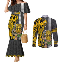 Custom Hawaii Island Couples Matching Mermaid Dress and Long Sleeve Button Shirts Hawaiian Warrior and Kakau Symbols Abstract Tattoo LT03 Yellow - Polynesian Pride