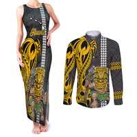 Custom Hawaii Island Couples Matching Tank Maxi Dress and Long Sleeve Button Shirts Hawaiian Warrior and Kakau Symbols Abstract Tattoo LT03 Yellow - Polynesian Pride