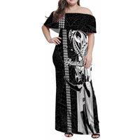 Hawaii Island Family Matching Off Shoulder Maxi Dress and Hawaiian Shirt Hawaiian King and Kakau Symbols Abstract Shoulder Tattoo LT03 Mom's Dress Black - Polynesian Pride