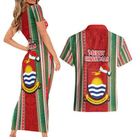 Kiribati Christmas Couples Matching Short Sleeve Bodycon Dress and Hawaiian Shirt Santa With Gift Bag Behind Ribbons Seamless Red Maori LT03 - Polynesian Pride