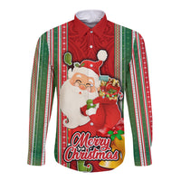 Kiribati Christmas Long Sleeve Button Shirt Santa With Gift Bag Behind Ribbons Seamless Red Maori LT03 Unisex Red - Polynesian Pride