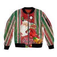Kiribati Christmas Sleeve Zip Bomber Jacket Santa With Gift Bag Behind Ribbons Seamless Red Maori LT03 Unisex Red - Polynesian Pride