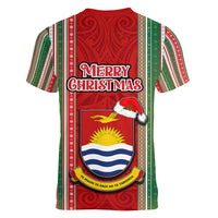 Kiribati Christmas Women V Neck T Shirt Santa With Gift Bag Behind Ribbons Seamless Red Maori LT03 - Polynesian Pride