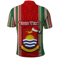 Custom Kiribati Christmas Polo Shirt Santa With Gift Bag Behind Ribbons Seamless Red Maori LT03 - Polynesian Pride