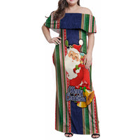 Kiribati Christmas Family Matching Off Shoulder Maxi Dress and Hawaiian Shirt Santa With Gift Bag Behind Ribbons Seamless Blue Maori LT03 Mom's Dress Blue - Polynesian Pride