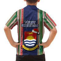 Kiribati Christmas Family Matching Short Sleeve Bodycon Dress and Hawaiian Shirt Santa With Gift Bag Behind Ribbons Seamless Blue Maori LT03 - Polynesian Pride