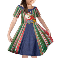 Kiribati Christmas Family Matching Tank Maxi Dress and Hawaiian Shirt Santa With Gift Bag Behind Ribbons Seamless Blue Maori LT03 Daughter's Dress Blue - Polynesian Pride