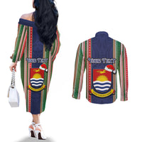 Custom Kiribati Christmas Couples Matching Off The Shoulder Long Sleeve Dress and Long Sleeve Button Shirts Santa With Gift Bag Behind Ribbons Seamless Blue Maori LT03 - Polynesian Pride