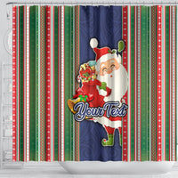 Custom Kiribati Christmas Shower Curtain Santa With Gift Bag Behind Ribbons Seamless Blue Maori LT03 - Polynesian Pride