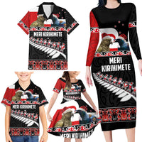 New Zealand Meri Kirihimete Family Matching Long Sleeve Bodycon Dress and Hawaiian Shirt Christmas Tui Bird and Kea Bird - Haka Santa with Maori Koru Art Pattern LT03 - Polynesian Pride