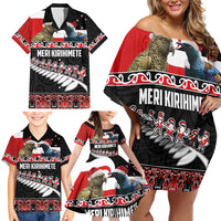 New Zealand Meri Kirihimete Family Matching Off Shoulder Short Dress and Hawaiian Shirt Christmas Tui Bird and Kea Bird - Haka Santa with Maori Koru Art Pattern LT03 - Polynesian Pride