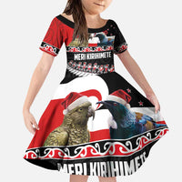 New Zealand Meri Kirihimete Family Matching Puletasi and Hawaiian Shirt Christmas Tui Bird and Kea Bird - Haka Santa with Maori Koru Art Pattern LT03 Daughter's Dress Black - Polynesian Pride
