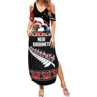 New Zealand Meri Kirihimete Family Matching Summer Maxi Dress and Hawaiian Shirt Christmas Tui Bird and Kea Bird - Haka Santa with Maori Koru Art Pattern LT03 Mom's Dress Black - Polynesian Pride