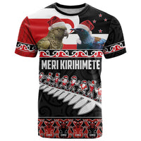 New Zealand Meri Kirihimete T Shirt Christmas Tui Bird and Kea Bird - Haka Santa with Maori Koru Art Pattern LT03 Black - Polynesian Pride