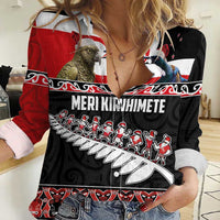 New Zealand Meri Kirihimete Women Casual Shirt Christmas Tui Bird and Kea Bird - Haka Santa with Maori Koru Art Pattern LT03 Female Black - Polynesian Pride
