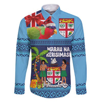 Fiji Marau na Kerisimasi Family Matching Long Sleeve Bodycon Dress and Hawaiian Shirt Christmas Collared Lory - Fiji Emblems and Xmas Palm Tree Tapa Art Pattern