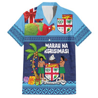 Fiji Marau na Kerisimasi Family Matching Off Shoulder Short Dress and Hawaiian Shirt Christmas Collared Lory - Fiji Emblems and Xmas Palm Tree Tapa Art Pattern