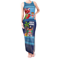 Fiji Marau na Kerisimasi Tank Maxi Dress Christmas Collared Lory - Fiji Emblems and Xmas Palm Tree Tapa Art Pattern LT03 Women Blue - Polynesian Pride