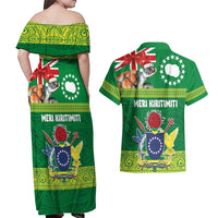 Cook Islands Meri Kiritimiti Couples Matching Off Shoulder Maxi Dress and Hawaiian Shirt Christmas Turtle - Cooks Islands Emblems and Polynesian Art Pattern LT03 - Polynesian Pride