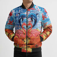 Hawaiian Love-Couple Dolphins and Flamingos Bomber Puffer Jacket - Polynesian Pride