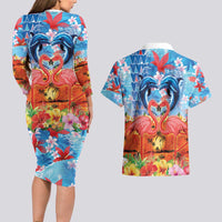 Hawaiian Love-Couple Dolphins and Flamingos Couples Matching Long Sleeve Bodycon Dress and Hawaiian Shirt - Polynesian Pride