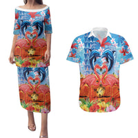 Hawaiian Love-Couple Dolphins and Flamingos Couples Matching Puletasi and Hawaiian Shirt - Polynesian Pride