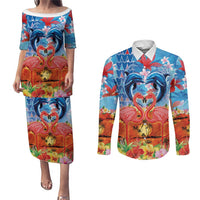 Hawaiian Love-Couple Dolphins and Flamingos Couples Matching Puletasi and Long Sleeve Button Shirt LT03 Multicolor - Polynesian Pride