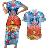 Hawaiian Love-Couple Dolphins and Flamingos Couples Matching Short Sleeve Bodycon Dress and Hawaiian Shirt - Polynesian Pride