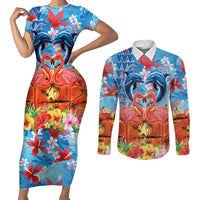 Hawaiian Love-Couple Dolphins and Flamingos Couples Matching Short Sleeve Bodycon Dress and Long Sleeve Button Shirt - Polynesian Pride