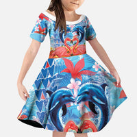Hawaiian Love-Couple Dolphins and Flamingos Family Matching Tank Maxi Dress and Hawaiian Shirt LT03 Daughter's Dress Multicolor - Polynesian Pride