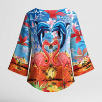 Hawaiian Love-Couple Dolphins and Flamingos Kimono Sleeve Blouse - Polynesian Pride