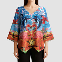 Hawaiian Love-Couple Dolphins and Flamingos Kimono Sleeve Blouse - Polynesian Pride