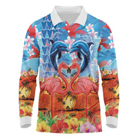 Hawaiian Love-Couple Dolphins and Flamingos Long Sleeve Polo Shirt - Polynesian Pride