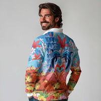 Hawaiian Love-Couple Dolphins and Flamingos Long Sleeve Polo Shirt - Polynesian Pride