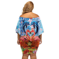 Hawaiian Love-Couple Dolphins and Flamingos Off Shoulder Short Dress - Polynesian Pride