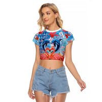 Hawaiian Love-Couple Dolphins and Flamingos Raglan Cropped T Shirt - Polynesian Pride