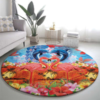 Hawaiian Love-Couple Dolphins and Flamingos Round Carpet - Polynesian Pride