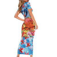 Hawaiian Love-Couple Dolphins and Flamingos Short Sleeve Bodycon Dress LT03 - Polynesian Pride