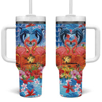 Hawaiian Love-Couple Dolphins and Flamingos Tumbler With Handle - Polynesian Pride