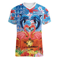 Hawaiian Love-Couple Dolphins and Flamingos Women V-Neck T-Shirt - Polynesian Pride