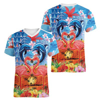 Hawaiian Love-Couple Dolphins and Flamingos Women V-Neck T-Shirt LT03 - Polynesian Pride