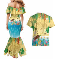 Hawaiian Alohawaii Couples Matching Mermaid Dress and Hawaiian Shirt Tropical Plants and Animals on The Beach - Polynesian Pride