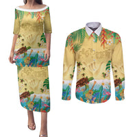 Hawaiian Alohawaii Couples Matching Puletasi and Long Sleeve Button Shirt Tropical Plants and Animals on The Beach - Polynesian Pride