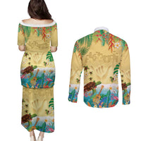Hawaiian Alohawaii Couples Matching Puletasi and Long Sleeve Button Shirt Tropical Plants and Animals on The Beach - Polynesian Pride